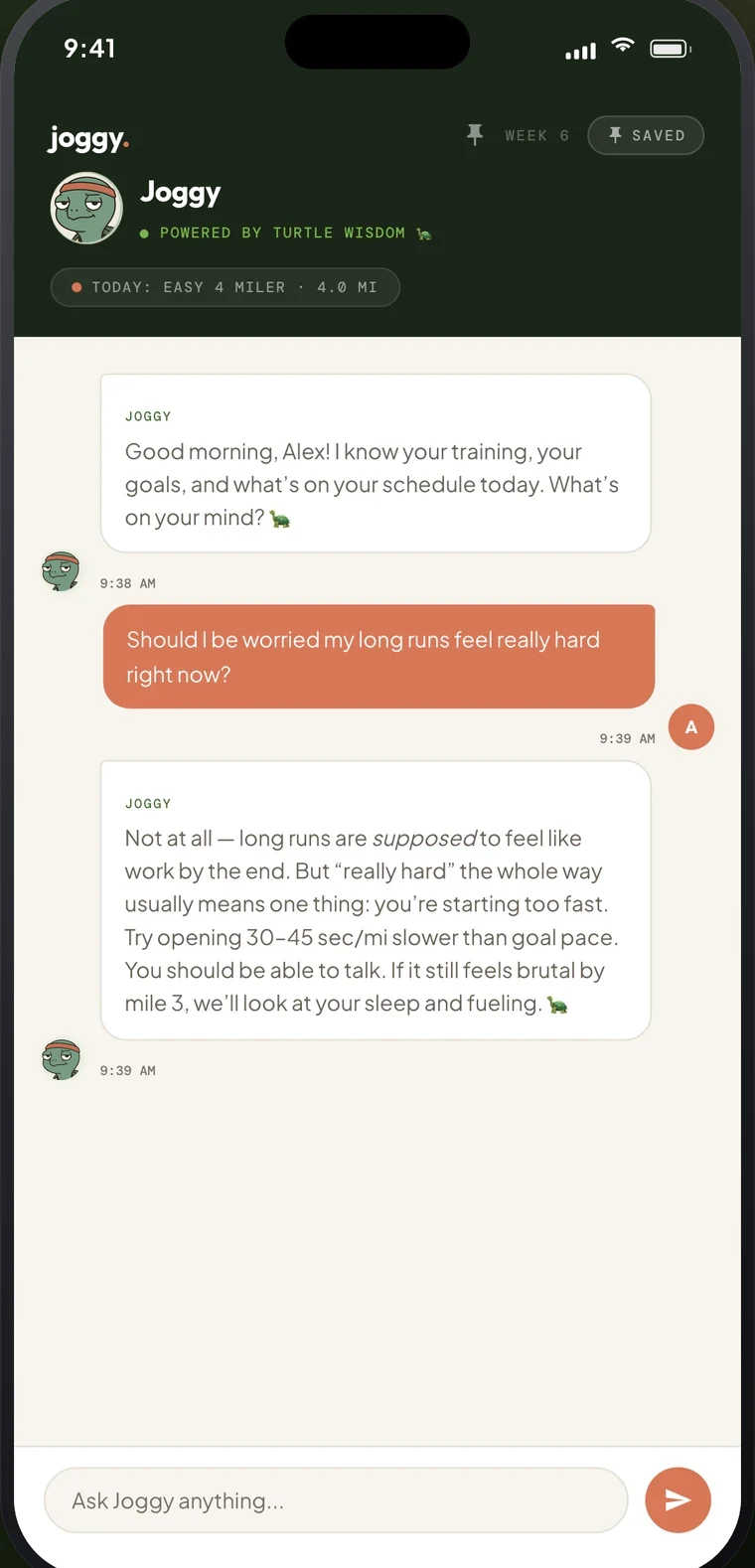 joggy coach chat: a runner asking about sore legs before a tempo run