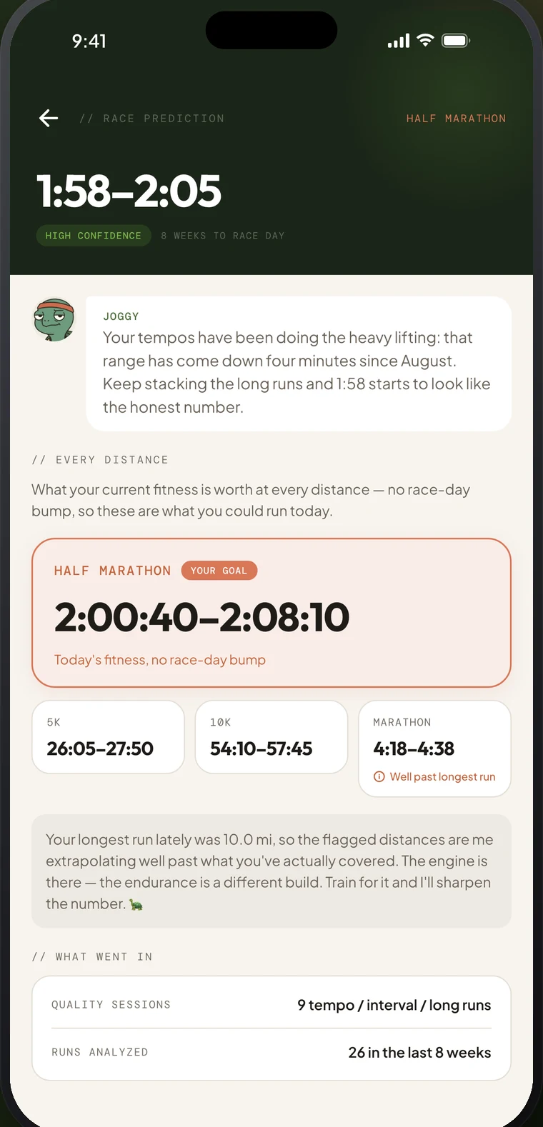joggy race prediction: a half marathon in 1:58–2:05 with high confidence, and predicted times for the 5K, 10K and marathon